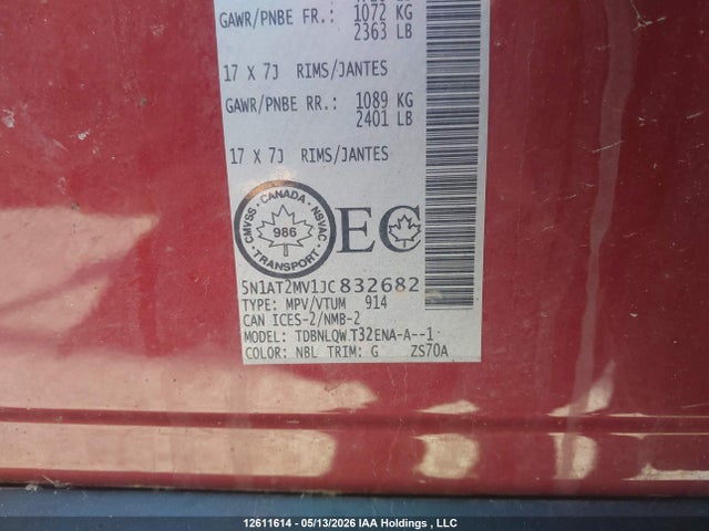 Продаж на аукціоні авто 2018 Nissan Rogue Sv/sl, vin: 5N1AT2MV1JC832682, номер лоту: 12611614