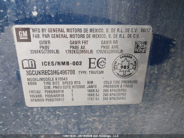 Aukcja sprzedaży 2017 Chevrolet Silverado K1500 Lt, vin: 3GCUKREC3HG496700, numer aukcji: 12611615