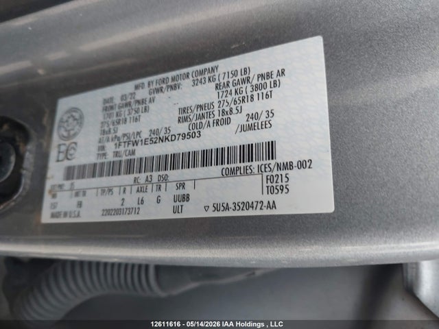 Продаж на аукціоні авто 2022 Ford F150 Supercrew, vin: 1FTFW1E52NKD79503, номер лоту: 12611616