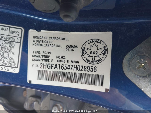 Продаж на аукціоні авто 2007 Honda Civic, vin: 2HGFA16547H028956, номер лоту: 12611620