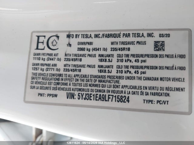 Продаж на аукціоні авто 2020 Tesla Model 3 Standard Range Plus, vin: 5YJ3E1EA9LF715824, номер лоту: 12611624