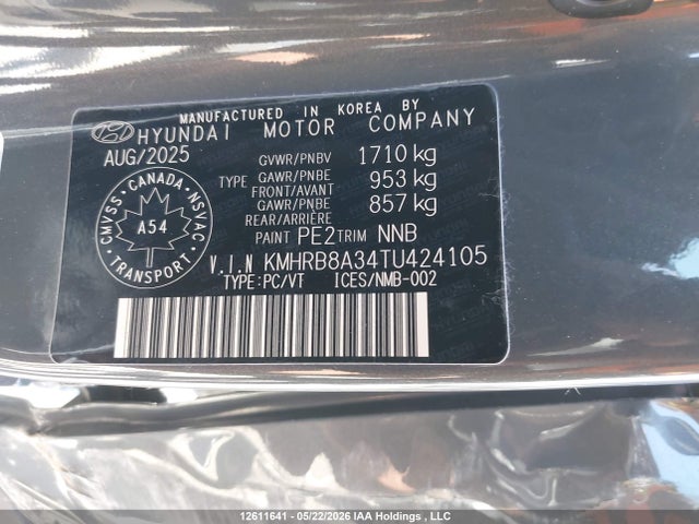 Aukcja sprzedaży 2026 Hyundai Venue Se, vin: KMHRB8A34TU424105, numer aukcji: 12611641