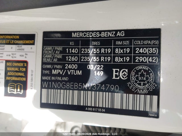 12611645 :رقم المزاد ، W1N0G8EB5NV374790 vin ، 2022 Mercedes-benz Glc 300 4matic مزاد بيع