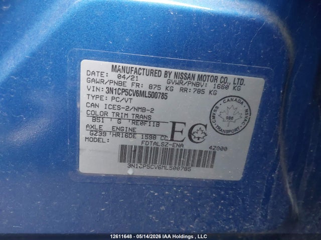 3N1CP5CV6ML500785 Nissan KICKS SV