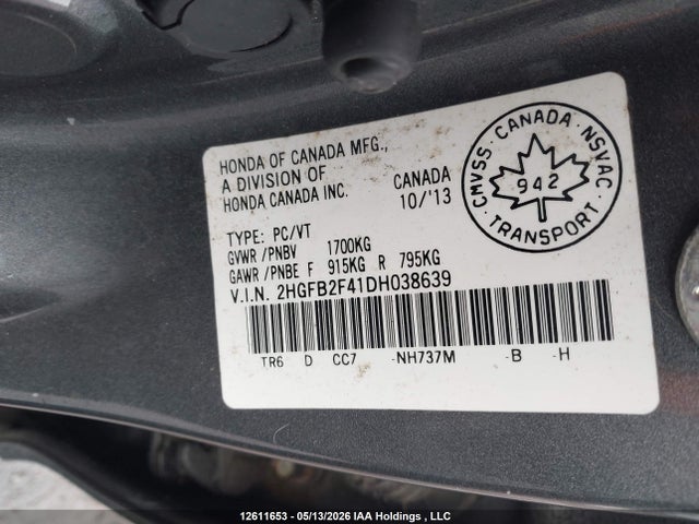 12611653 :رقم المزاد ، 2HGFB2F41DH038639 vin ، 2013 Honda Civic Lx مزاد بيع