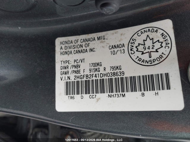 12611653 :رقم المزاد ، 2HGFB2F41DH038639 vin ، 2013 Honda Civic Lx مزاد بيع