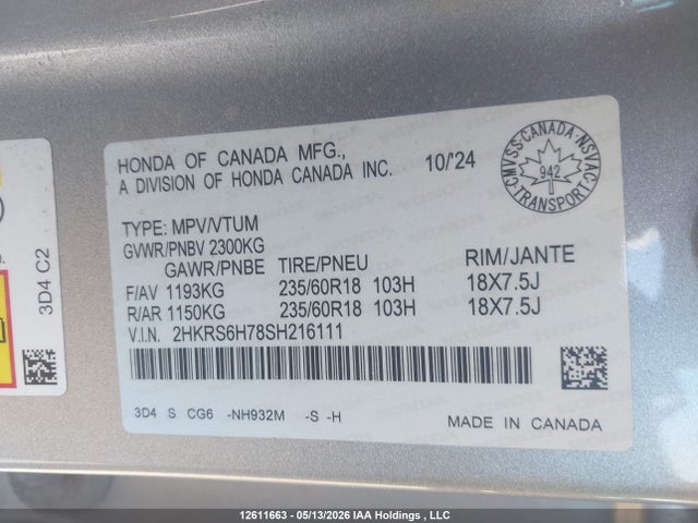 Aukcja sprzedaży 2025 Honda Cr-v Hybrid Ex-l, vin: 2HKRS6H78SH216111, numer aukcji: 12611663