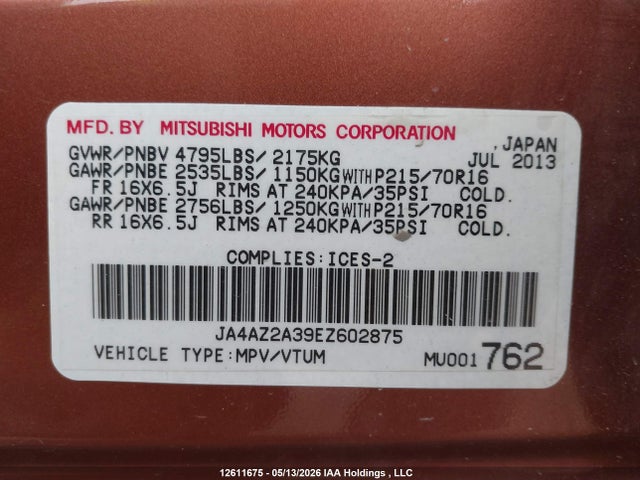 Продажа на аукционе авто 2014 Mitsubishi Outlander Es, vin: JA4AZ2A39EZ602875, номер лота: 12611675