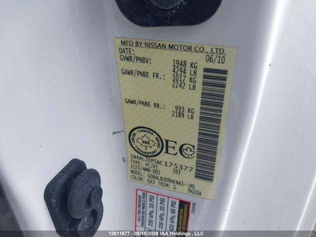 2010 Nissan Altima მანქანა იყიდება აუქციონზე, vin: 1N4AL2EP5AC175377, აუქციონის ნომერი: 12611677