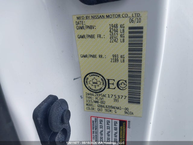 2010 Nissan Altima მანქანა იყიდება აუქციონზე, vin: 1N4AL2EP5AC175377, აუქციონის ნომერი: 12611677