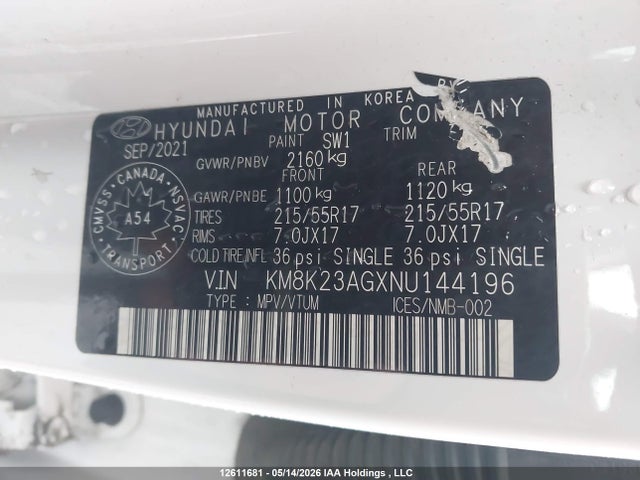 12611681 :رقم المزاد ، KM8K23AGXNU144196 vin ، 2022 Hyundai Kona Electric Preferred With Two-tone Roof مزاد بيع
