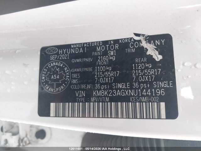 12611681 :رقم المزاد ، KM8K23AGXNU144196 vin ، 2022 Hyundai Kona Electric Preferred With Two-tone Roof مزاد بيع