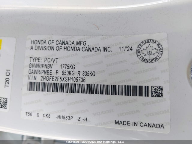 12611690 :رقم المزاد ، 2HGFE2F5XSH105736 vin ، 2025 Honda Civic مزاد بيع