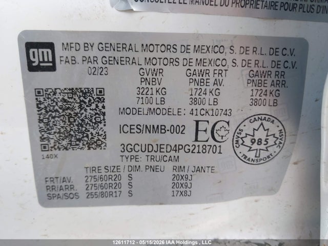 Aukcja sprzedaży 2023 Chevrolet Silverado K1500 High Country, vin: 3GCUDJED4PG218701, numer aukcji: 12611712