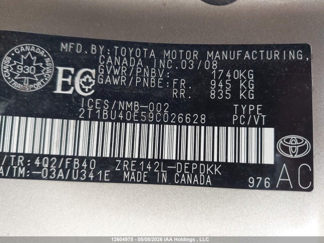 12604978 :رقم المزاد ، 2T1BU40E59C026628 vin ، 2009 Toyota Corolla Ce مزاد بيع