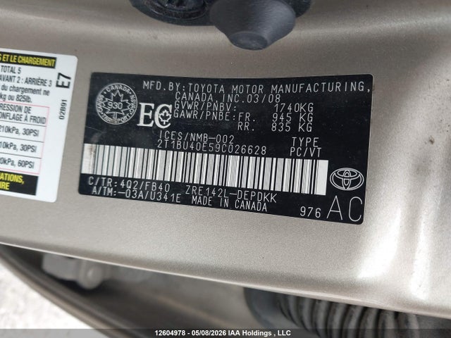 12604978 :رقم المزاد ، 2T1BU40E59C026628 vin ، 2009 Toyota Corolla Ce مزاد بيع