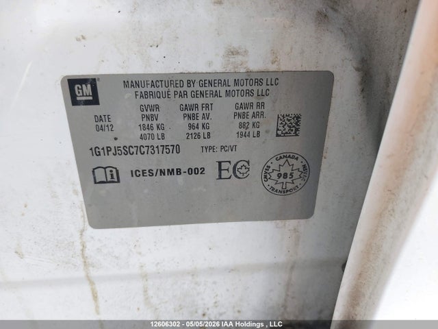 2012 Chevrolet Cruze Eco მანქანა იყიდება აუქციონზე, vin: 1G1PJ5SC7C7317570, აუქციონის ნომერი: 12606302