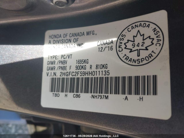 Aukcja sprzedaży 2017 Honda Civic Lx, vin: 2HGFC2F59HH011135, numer aukcji: 12611736