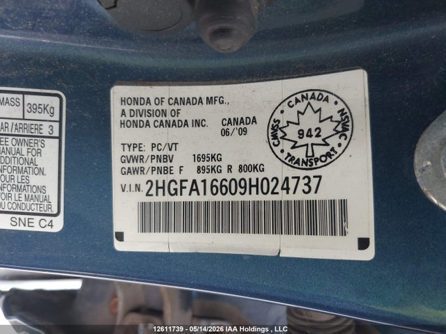 Продаж на аукціоні авто 2009 Honda Civic Lx-s, vin: 2HGFA16609H024737, номер лоту: 12611739