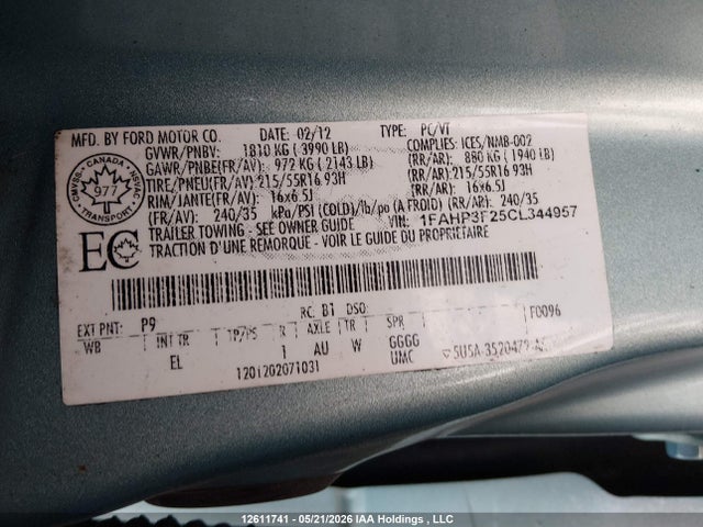 12611741 :رقم المزاد ، 1FAHP3F25CL344957 vin ، 2012 Ford Focus Se مزاد بيع