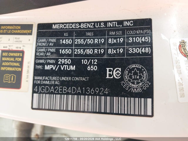 Aukcja sprzedaży 2013 Mercedes-benz Ml 350 Bluetec 4matic, vin: 4JGDA2EB4DA136924, numer aukcji: 12611756