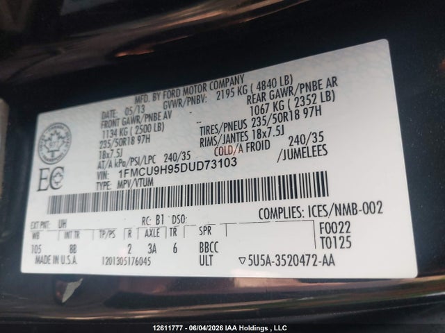 12611777 :رقم المزاد ، 1FMCU9H95DUD73103 vin ، 2013 Ford Escape Sel مزاد بيع