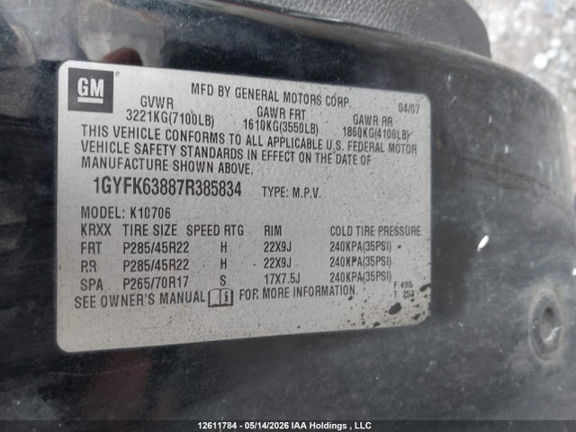 Aukcja sprzedaży 2007 Cadillac Escalade Standard, vin: 1GYFK63887R385834, numer aukcji: 12611784