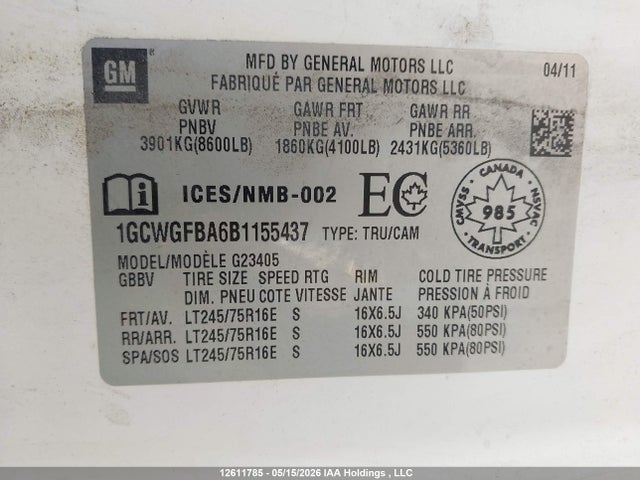 2011 Chevrolet Express 2500 Standard მანქანა იყიდება აუქციონზე, vin: 1GCWGFBA6B1155437, აუქციონის ნომერი: 12611785