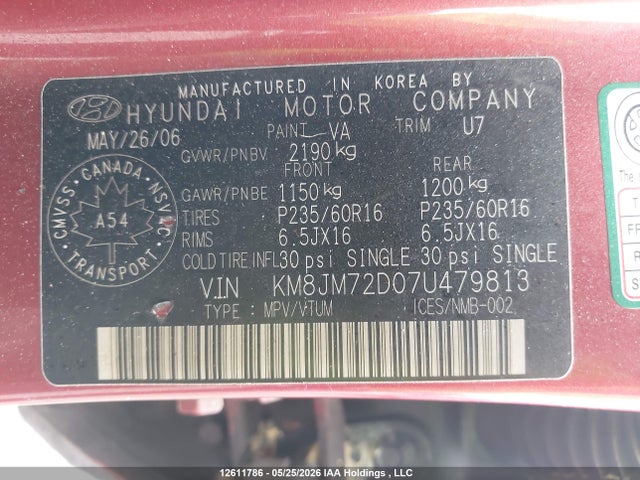 Aukcja sprzedaży 2007 Hyundai Tucson, vin: KM8JM72D07U479813, numer aukcji: 12611786