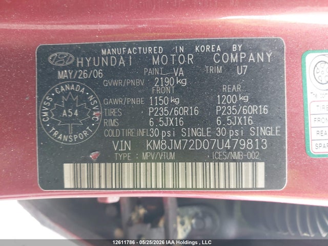Aukcja sprzedaży 2007 Hyundai Tucson, vin: KM8JM72D07U479813, numer aukcji: 12611786