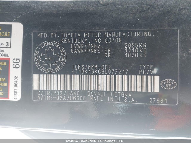 12549357 :رقم المزاد ، 4T1BK46K69U077217 vin ، 2009 Toyota Camry Xle V6 مزاد بيع