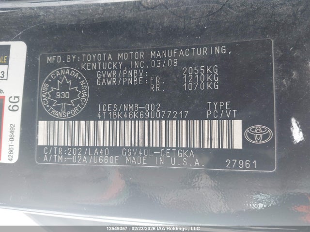 12549357 :رقم المزاد ، 4T1BK46K69U077217 vin ، 2009 Toyota Camry Xle V6 مزاد بيع