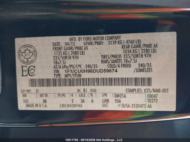 Продаж на аукціоні авто 2013 Ford Escape, vin: 1FMCU0H96DUD59674, номер лоту: 12611792