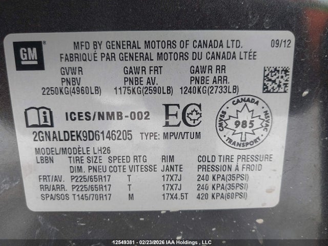 2013 Chevrolet Equinox 1lt მანქანა იყიდება აუქციონზე, vin: 2GNALDEK9D6146205, აუქციონის ნომერი: 12549381