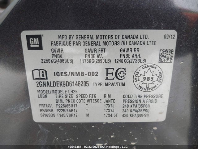 2013 Chevrolet Equinox 1lt მანქანა იყიდება აუქციონზე, vin: 2GNALDEK9D6146205, აუქციონის ნომერი: 12549381