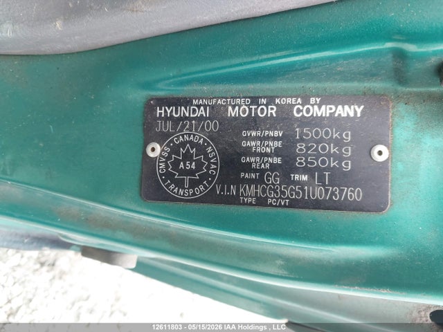 Продажа на аукционе авто 2001 Hyundai Accent Gs, vin: KMHCG35G51U073760, номер лота: 12611803
