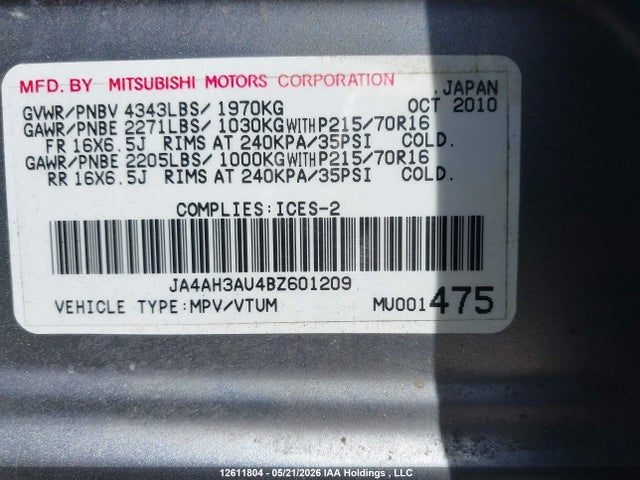 2011 Mitsubishi Rvr მანქანა იყიდება აუქციონზე, vin: JA4AH3AU4BZ601209, აუქციონის ნომერი: 12611804