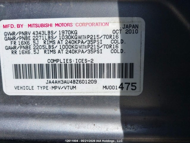 2011 Mitsubishi Rvr მანქანა იყიდება აუქციონზე, vin: JA4AH3AU4BZ601209, აუქციონის ნომერი: 12611804