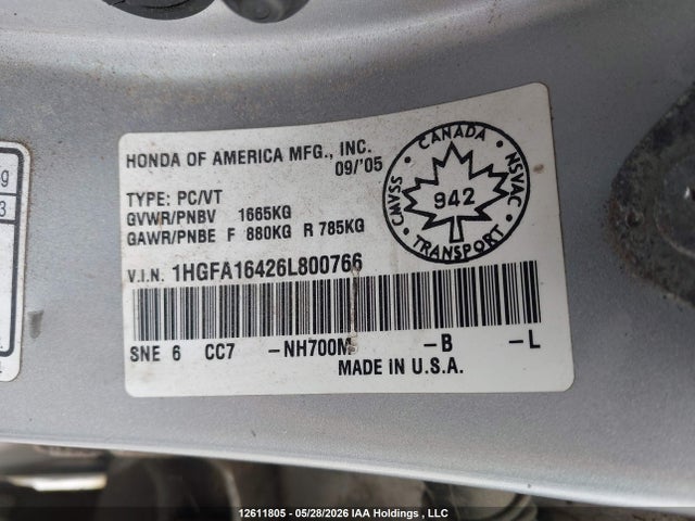 Продажа на аукционе авто 2006 Honda Civic, vin: 1HGFA16426L800766, номер лота: 12611805