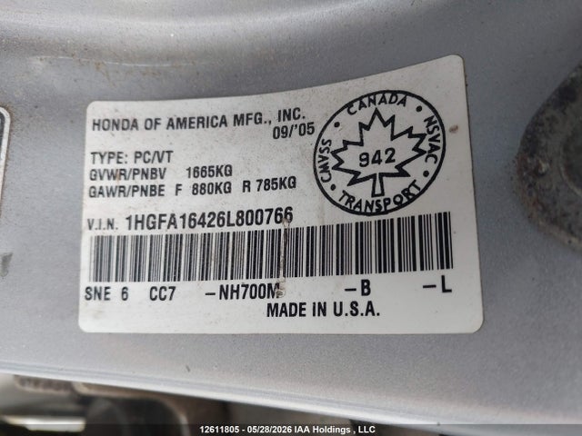 Продажа на аукционе авто 2006 Honda Civic, vin: 1HGFA16426L800766, номер лота: 12611805