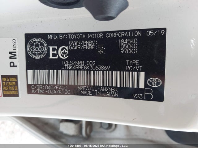 Aukcja sprzedaży 2019 Toyota Corolla, vin: JTNK4RBE8K3063869, numer aukcji: 12611807