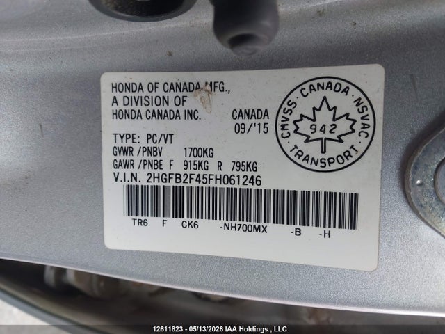 2015 Honda Civic Lx მანქანა იყიდება აუქციონზე, vin: 2HGFB2F45FH061246, აუქციონის ნომერი: 12611823