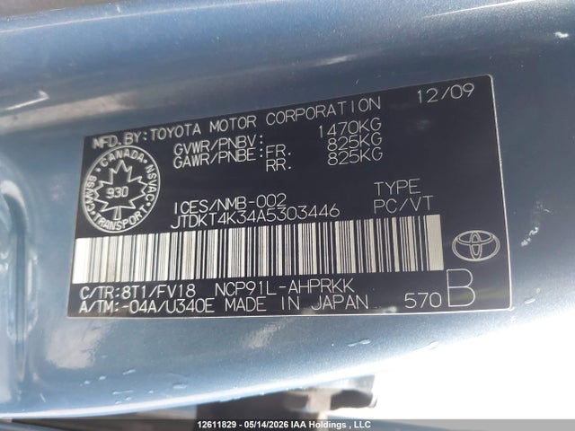 12611829 :رقم المزاد ، JTDKT4K34A5303446 vin ، 2010 Toyota Yaris مزاد بيع