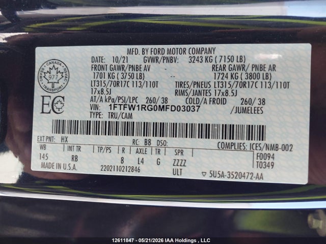 Ford F-150 Raptor 2021 1FTFW1RG0MFD03037 Image 9
