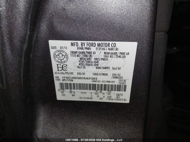 Aukcja sprzedaży 2012 Ford Escape Xlt, vin: 1FMCU9DG0CKA31203, numer aukcji: 12611856