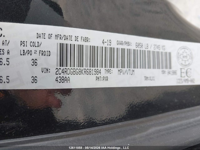 2019 Dodge Grand Caravan Cvp/sxt მანქანა იყიდება აუქციონზე, vin: 2C4RDGBG8KR681984, აუქციონის ნომერი: 12611858