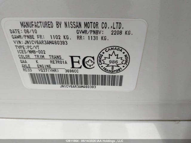 12611864 :رقم المزاد ، JN1CV6AR3AM460393 vin ، 2010 Infiniti G37x مزاد بيع