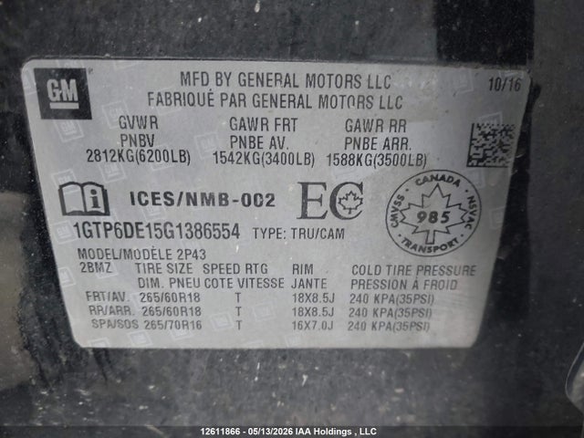 Aukcja sprzedaży 2016 Gmc Canyon, vin: 1GTP6DE15G1386554, numer aukcji: 12611866