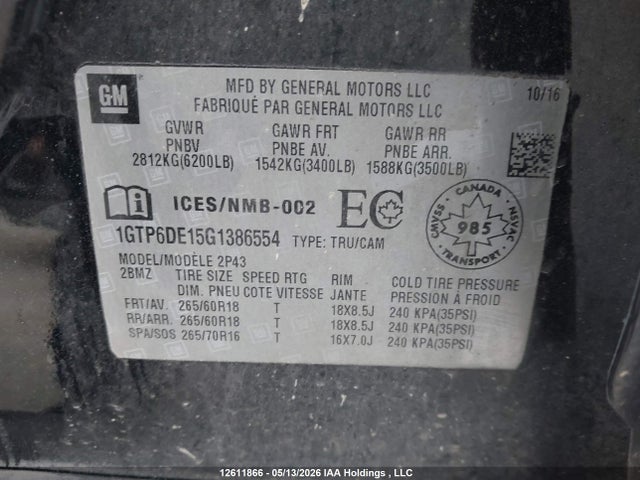 Aukcja sprzedaży 2016 Gmc Canyon, vin: 1GTP6DE15G1386554, numer aukcji: 12611866