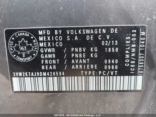 2013 Volkswagen Jetta 2.0l Trendline/2.0l Trendline+ მანქანა იყიდება აუქციონზე, vin: 3VW2K7AJ9DM426594, აუქციონის ნომერი: 12611875